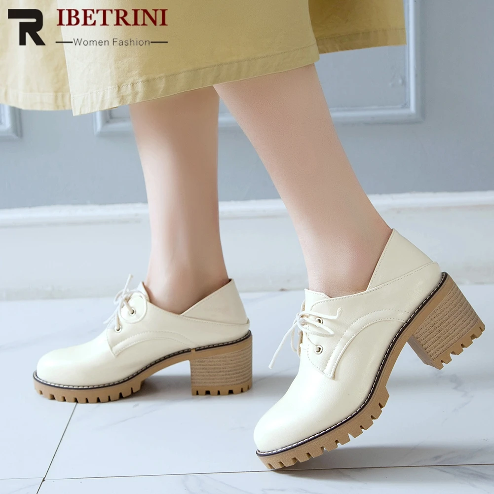 

RIBETRINI Elegant Female Spring Shoes Woman Round Toe Casual Office Block Heels Flats Women Lace Up Comfortable Consise Flats