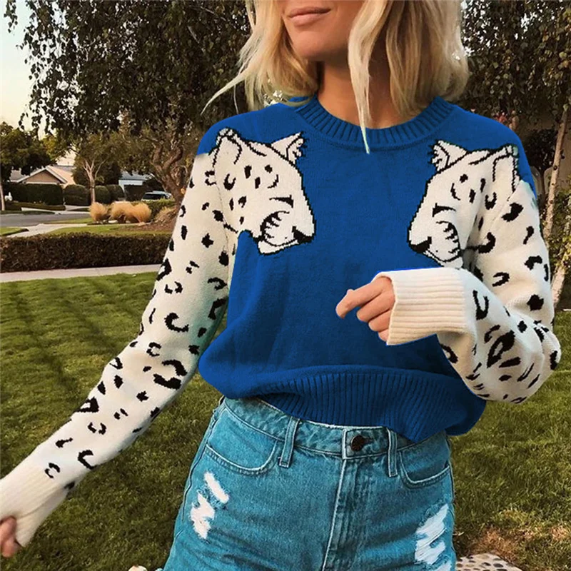 

Ladies Leopard Printed Sweater Fashion Women Animal Print Patchwork O-Neck Long Sleeve Pullover Loose Sweaters Tops Blouse