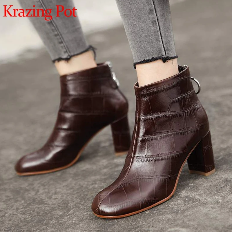 

krazing pot print genuine leather round toe high heels Zipper office lady simple style winter keep warm fashion ankle boots L75