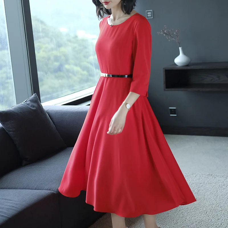 

Spring Clothing Dress Women's 2019 New Style Fashion Elegant Crew Neck Three-quarter-length Sleeve Slim Fit Slimming Mid-length