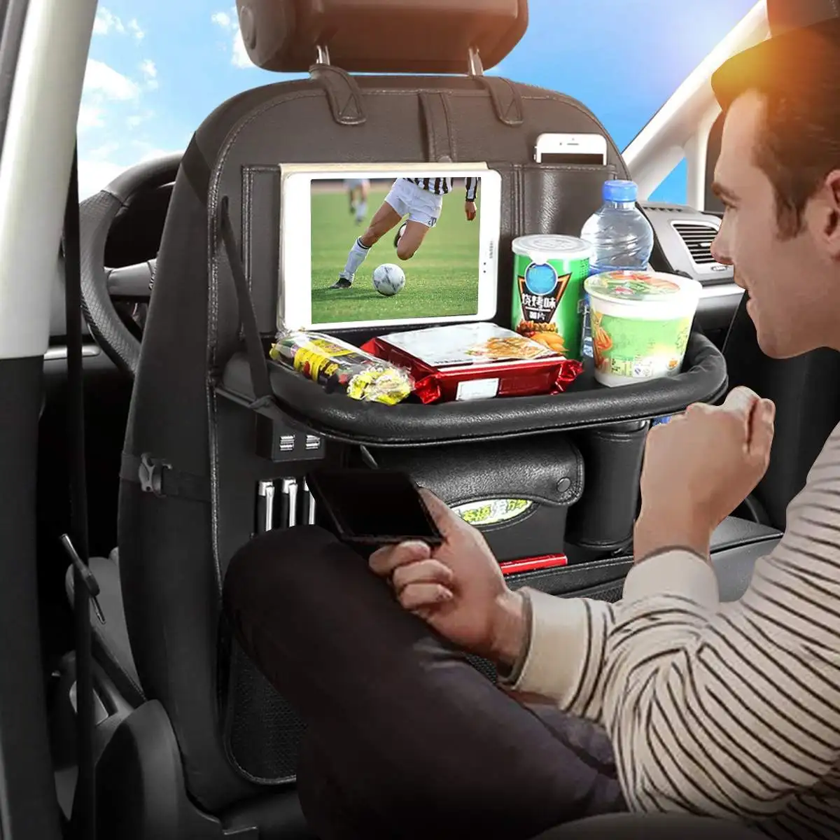

Car Seat Back Storage With Table Multi Pocket Organizer Container Hanging Box Multifunction USB Charge High Quality Leather Kids