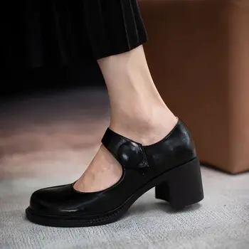 

ALLBITEFO natural genuine leather women heels shoes thick heel round toe fashion casual women's high heel shoes high heels