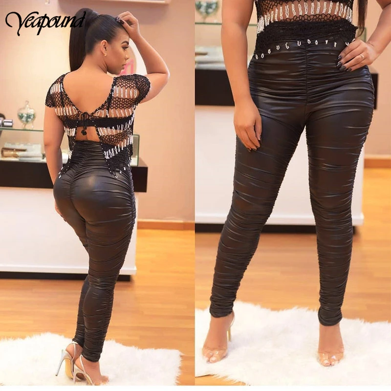 

Street Fold Stylish Pu Leather Pockets Pants Women Fashion Skinny Faux Leather Stretch High Waist Pencil Trousers Mujer