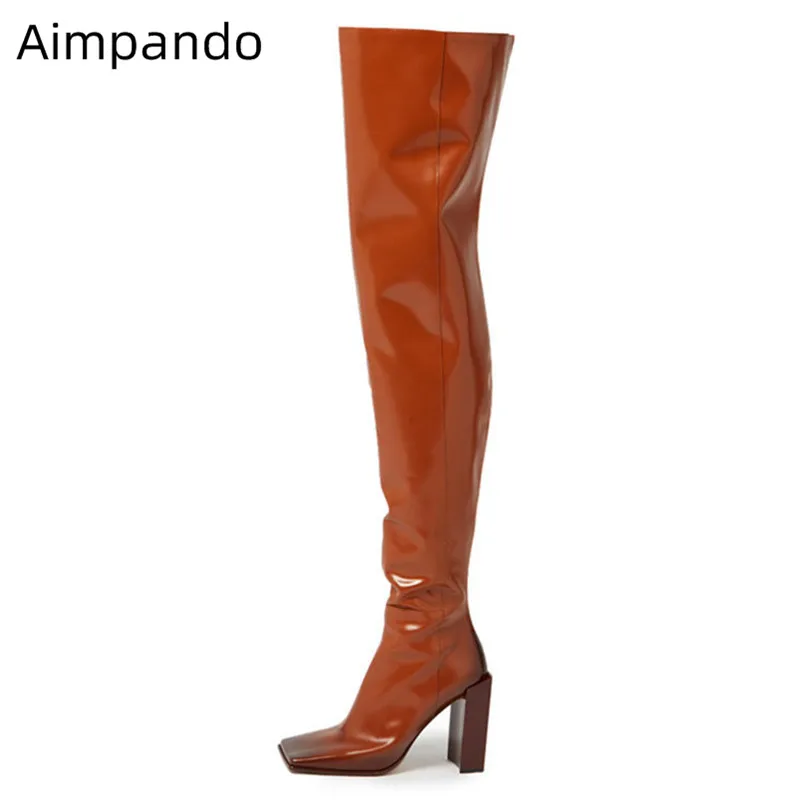 

Sexy Over The Knee Boots Woman Fashion Square Toe Side Zippers Botas Square High Heel Slim Bottes Solid Color 2020 Boots Woman