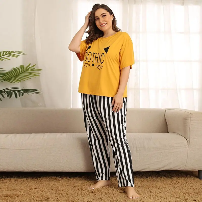 

NEW Cat Print Tshirt And Stripe Pants Suit Casual Sleepwear Women 2020 Spring Summer Cute Round Neck Short Sleeve Pajama Set
