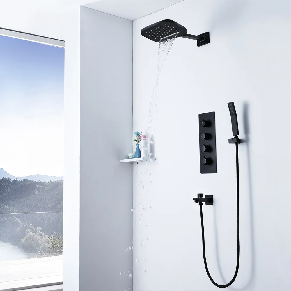 

Concealed Wall-in Embedded Bathroom Black And White with Pattern Shower Set Thermostatic Control Valve Raindance Rain Top Spray