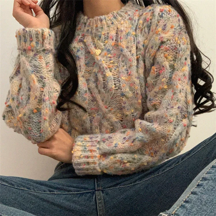 Neploe Pull Femme контрастный цвет смешанный тканый пуловер свитер с длинным рукавом и круглым вырезом для женщин корейский вязаный Топ джемпер 56207 - Цвет: apricot