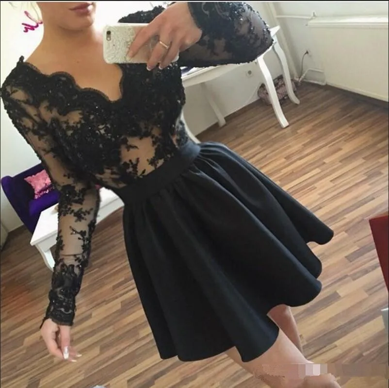 

2020 Short Deep V Neck Prom Dresses Robe De Soiree A Line Evening Formal Gown Long Sleeves Cocktail Dress