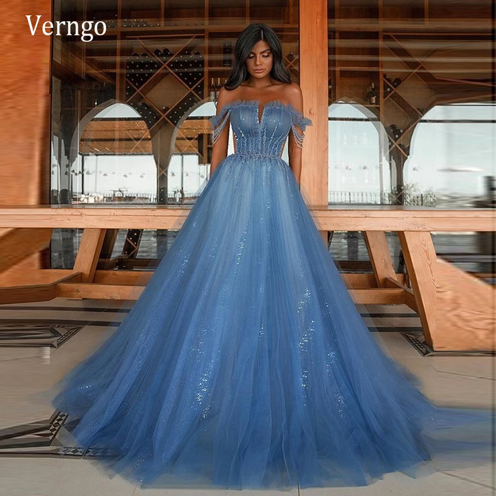 

Verngo 2021 Dusty Blue Long Evening Dresses Off the Shoulder Tulle Shiny Underlay A Line Prom Gowns Elegant Sexy Party Dress