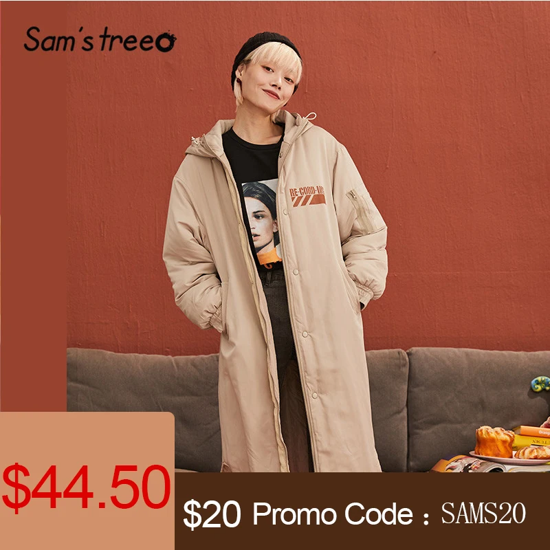 SAM'S TREE хаки однотонное прямое с капюшоном и буквенным принтом теплое Женское пальто зима темно-синий корейский женский длинный пуховик верхняя одежда