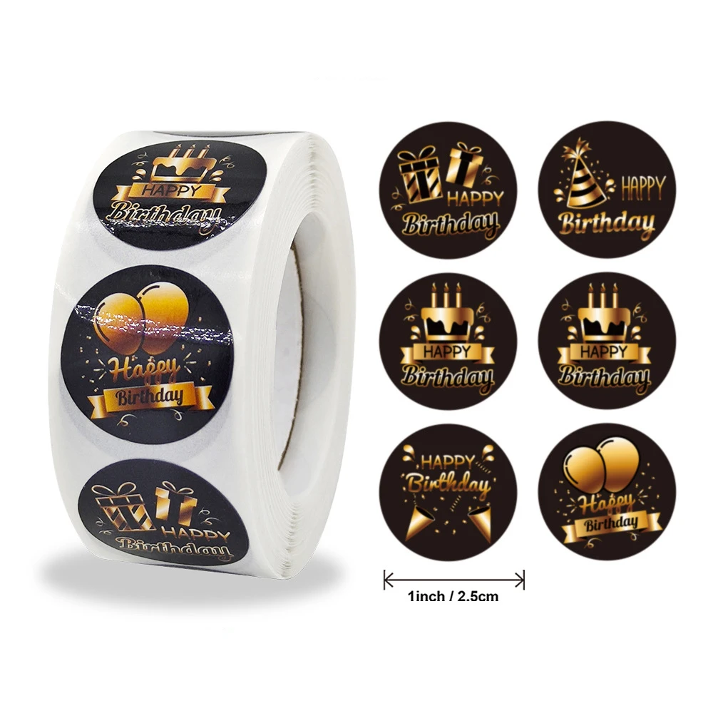 

500pcs/roll 2.5cm Happy Birthday Black Stickers Business Birthday Party Decorations Gift Greeting Card Labels Stationery Sticker