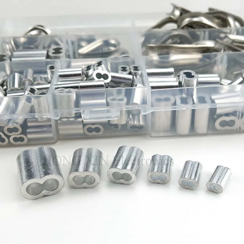 225Pcs/Set M1.2/1.5/2/3/4/5 Stainless Steel Thimble and 6-Size Aluminum Crimping Loop Sleeve Assortment Kit thimble and sleeve kit