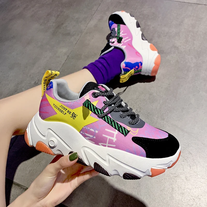 2019 Women Mesh New Autumn Sneakers Ladies Flat Lace Up Platform Vulcanized Shoes Female Mixed Color Casual Footwear
