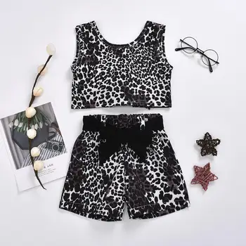 

2020 Summer Children Sets Casual Sleeveless Leopard Tops Bow Leopard Shorts Cute 2Pcs Girls Clothes Sets 1-5T