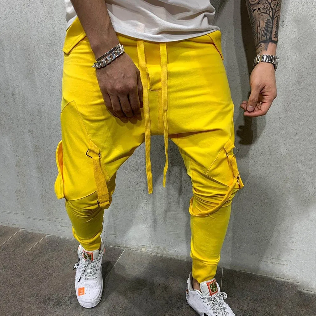 Feitong/штаны-шаровары; спортивные брюки; мужские повседневные брюки на открытом воздухе с карманами; брюки-карго с несколькими карманами; длинные брюки - Цвет: Цвет: желтый