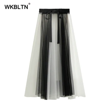 

Patchwork Half Length Elastic Skirt High Waist Mesh Pleated Women Skirt 2020 Spring Summer Vintage Midi Skirt
