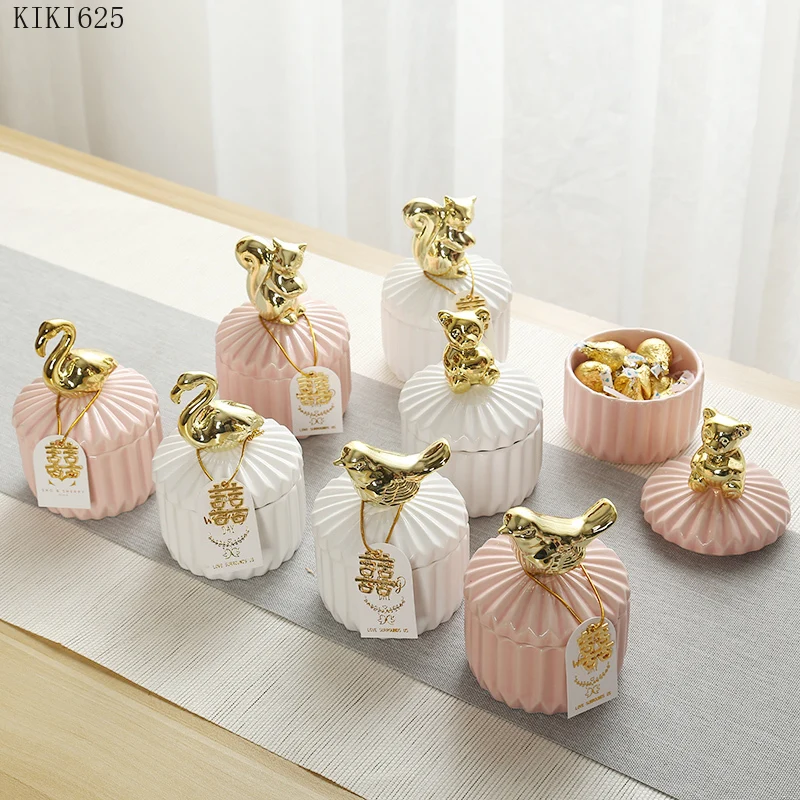 Nordic Golden Animal Ceramic Storage Jar Wedding Holiday Chocolate Candy Jar Dressing Table Jewelry Storage Box Home Decoration ceramic storage jar jewelry tray