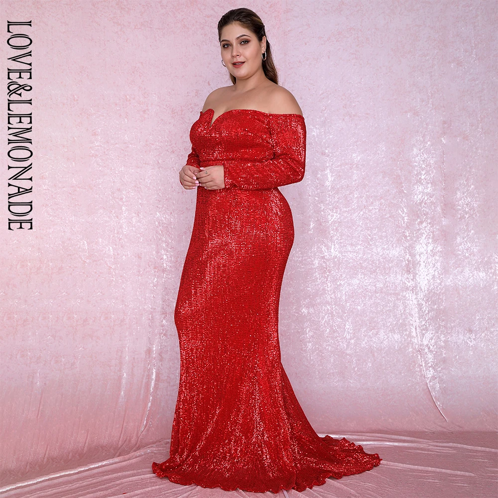 LOVE& LEMONADE размера плюс сексуальное красное с глубоким v-образным вырезом с открытыми плечами облегающее эластичное платье макси с блестками LM80273PLUS осень/зима