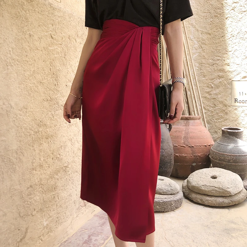 GALCAUR Асимметричная Женская юбка с разрезом по бокам, высокая талия, асимметричное винтажное платье с рюшами для женщин, модная одежда