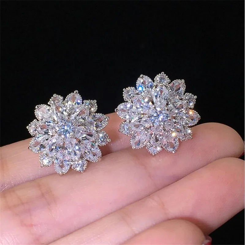 

Sparkling Luxury Jewelry 925 Sterling Silver High Quality White AAAAA Cubic Zirconia Eternity Women Wedding Flower Stud Earring