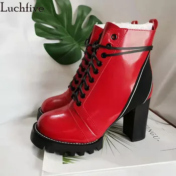 

Hot Lace Up Boots Femme Chunky High Heels Ankle Boots For Women Round Toe White Outwear Sexy Zipper Platform Shoes Women
