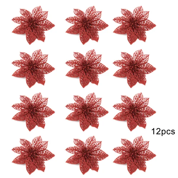 12 pcs red 12/24Pcs Glitter Christmas Tree Flower Ornaments Xmas Party Decor Supplies DC156 - Color: 12 pcs red