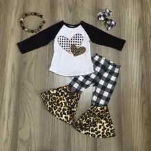 Весенне-зимняя одежда ко Дню Святого Валентина детская одежда из хлопка брюки-клеш с леопардовым принтом и рюшами в форме сердца подходящие аксессуары