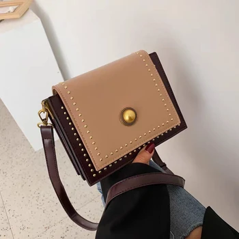 

Luxury brand women's bag 2020 New Retro wide shoulder rivet Single Shoulder Messenger Bag Fashion chic women's small square bag