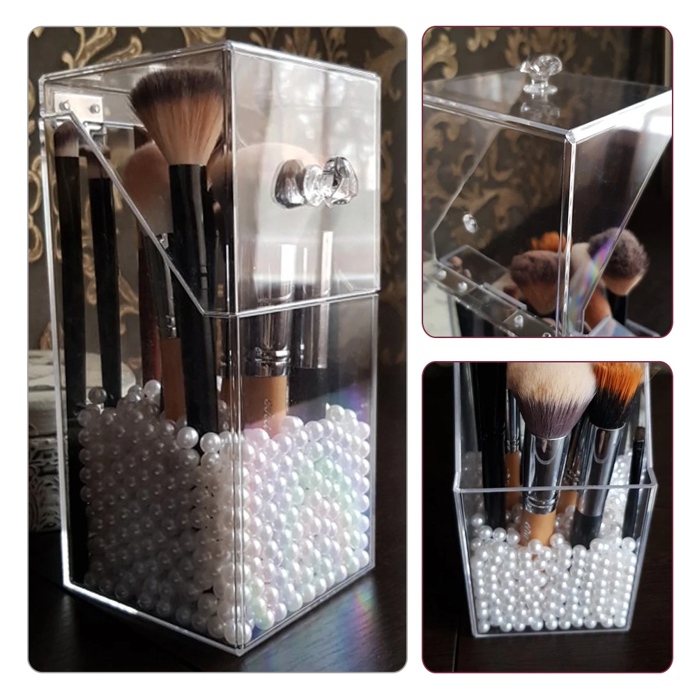 

Acrylic Makeup Brush Storage Box Clear with Cover Plastic Makeup Organizer Cosmetic Tool Holder Pearl And Box