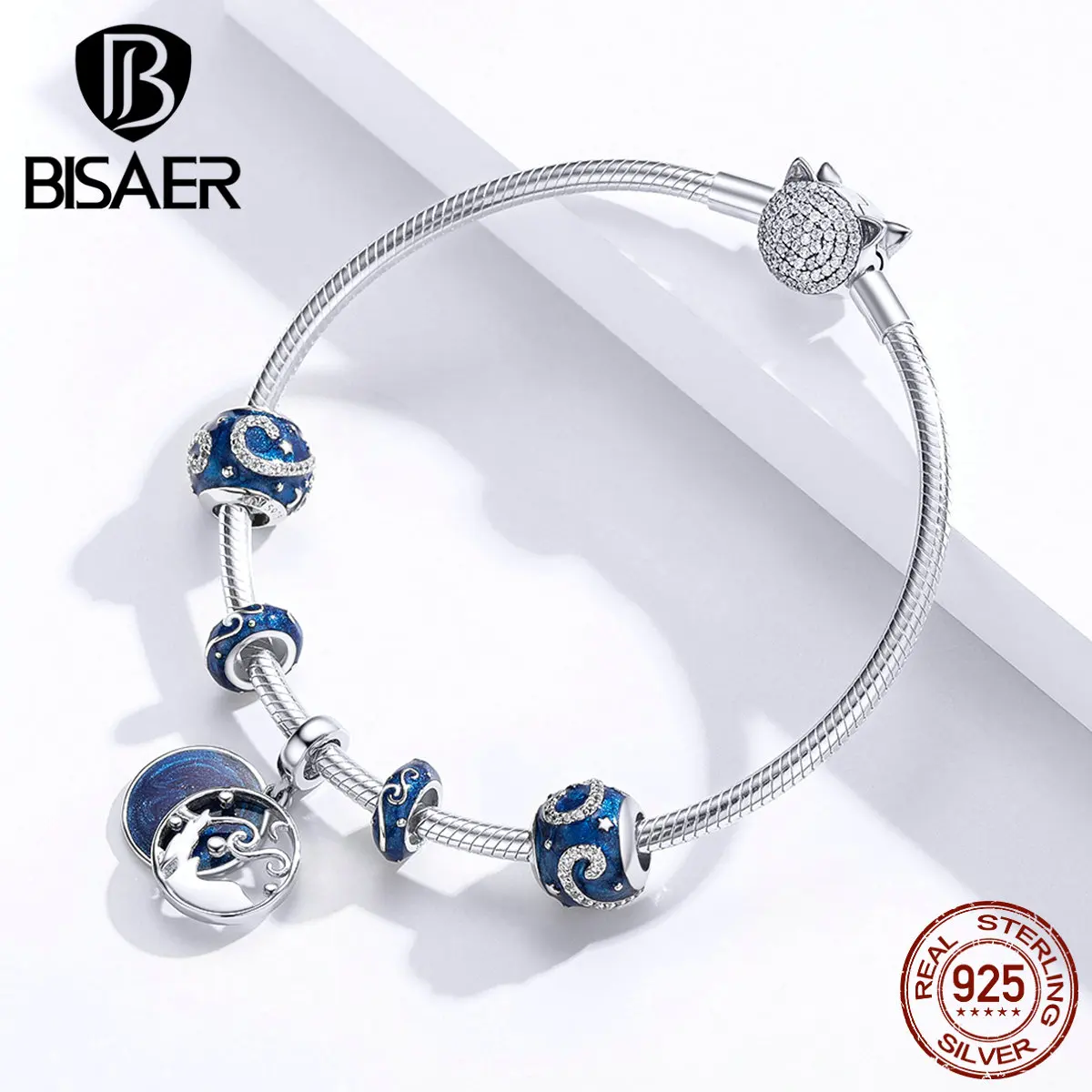 Подвески в виде звезд BISAER, 925 пробы, серебристые, синие, эмалированные, металлические бусины в виде звезд и монет, подходят для женщин, очаровательные браслеты, браслеты, сделай сам, ювелирные изделия ECC1389