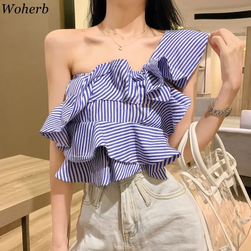 

Woherb 2020 New Striped Blouse Women Shirt Off Shoulder Crop Top Vintage Ruffle Blouses Korean Summer Sexy Blusa Mujer