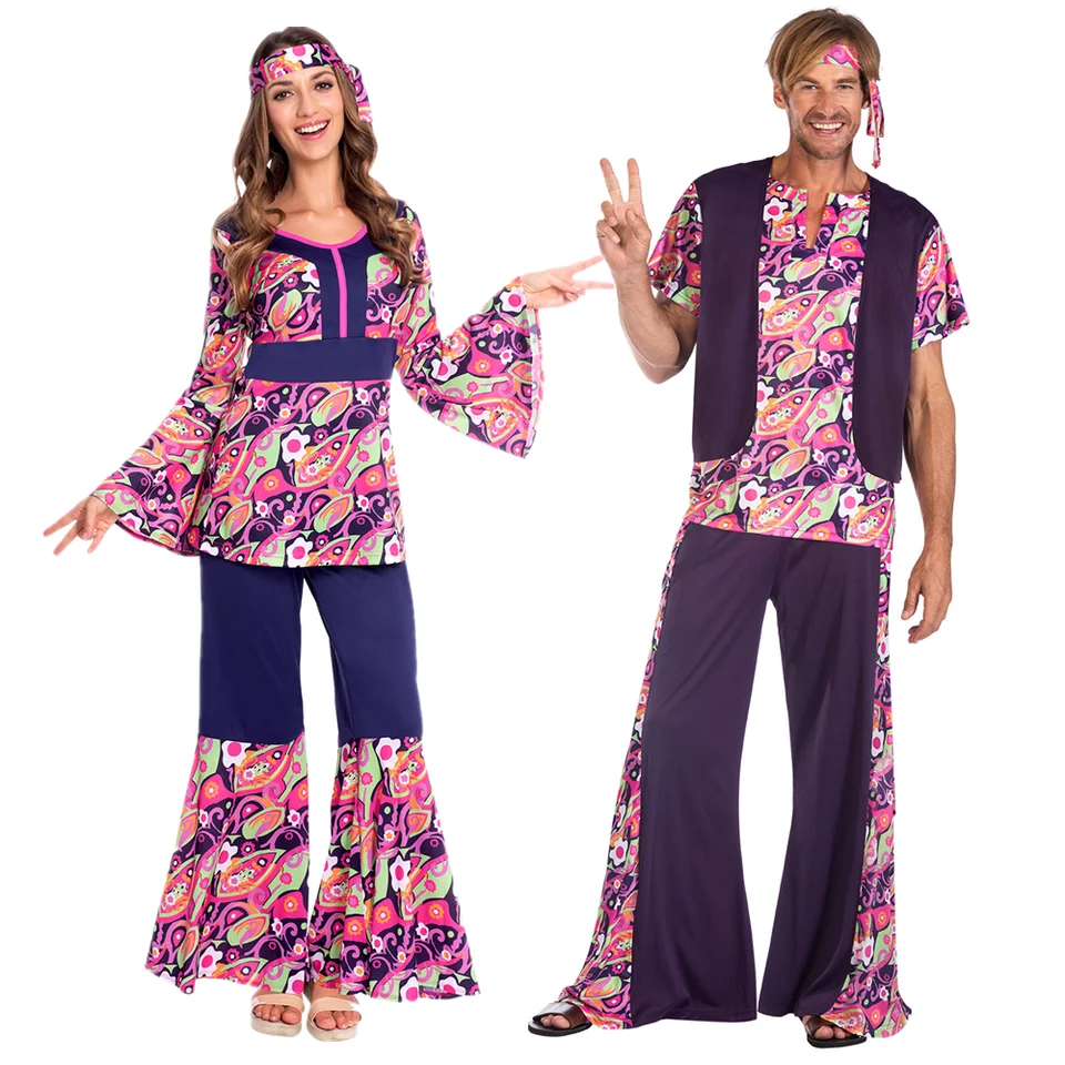 Disfraz Hippie Retro de los años y 70 para hombre y traje de fiesta de Halloween, discoteca, Cosplay para parejas, vestido de lujo - AliExpress