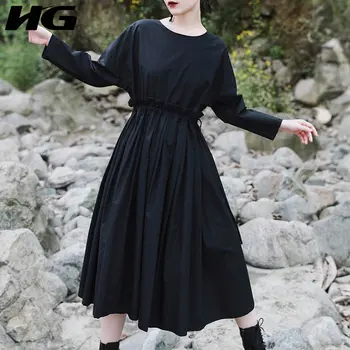 

HG Patchwork Draped Dress Women 2020 Autumn Casual Fashion New Style Temperament Goddess Fan O Neck Full Sleeve Dress DZL1460
