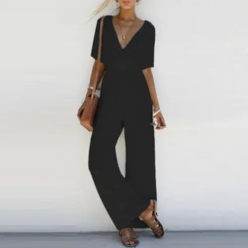 Women Jumpsuit Romper Short Sleeve V Neck Casual Playsuit Overalls Ladies Wide Leg Loose White Black Pink Playsuit Solid Jersey 5