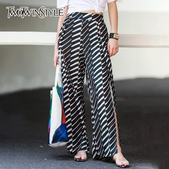 

TWOTWINSTYLE Striped Wide Leg Pants Female High Waist Split chiffon Trousers Women Casual Korean Clothes 2020 Summer Fashion