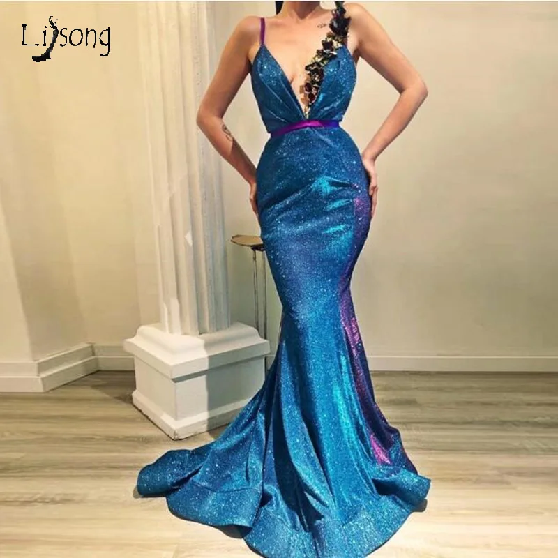 Robe De Soiree Блестящие Блестки Длинные вечерние платья русалки сексуальные глубокий v-образный вырез спагетти ремень Арабские женские платья для выпускного вечера