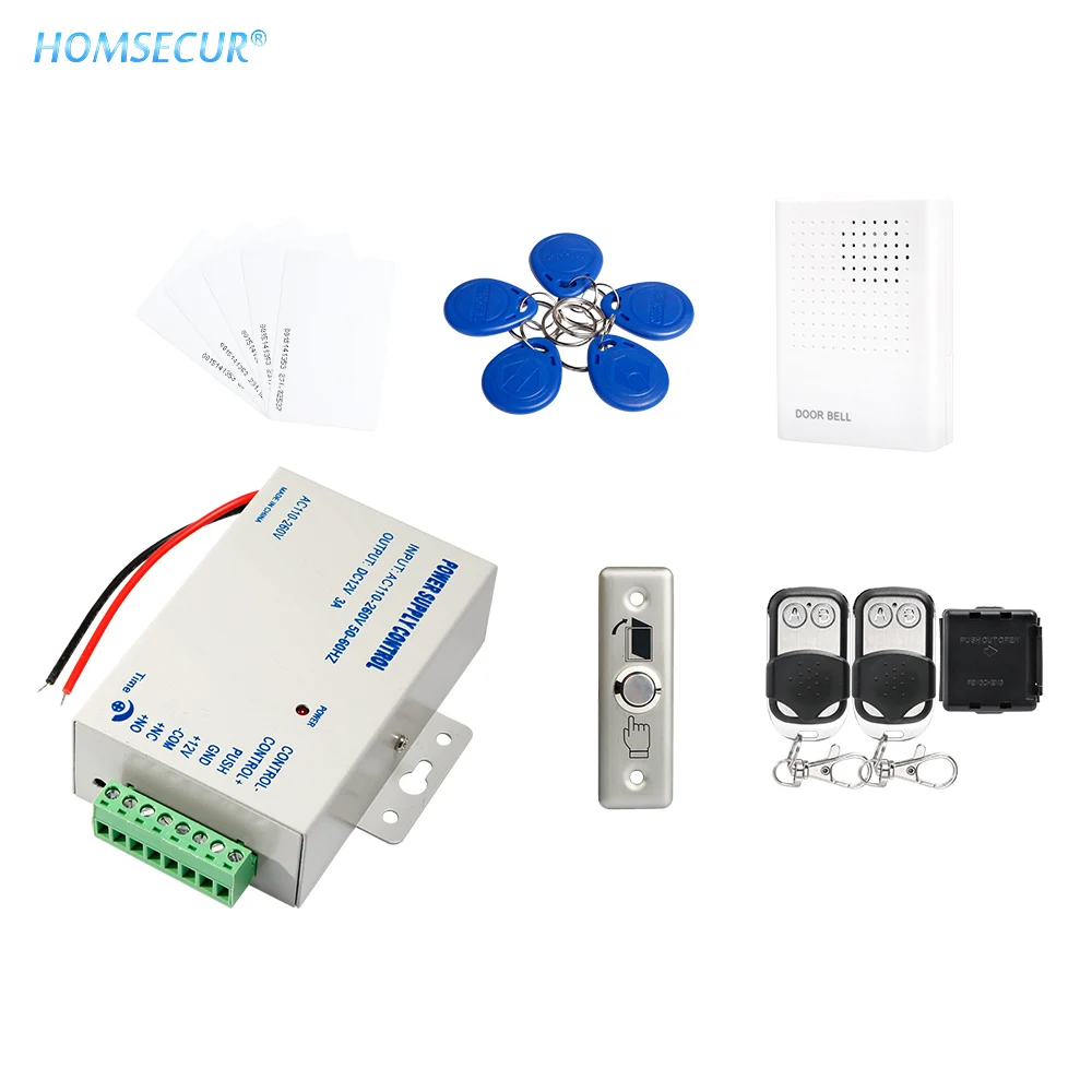 HOMSECUR 5 шт. RFID карта+ 5 шт. RFID брелок+ блок питания+ пульт дистанционного управления+ проводной дверной звонок+ металлическая кнопка выхода