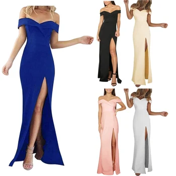 

Dress Women Sexy V-neck Strapless Short Sleeve Tube Top Split And Floor Solid Color vestidos Simple Dress Khaki XL