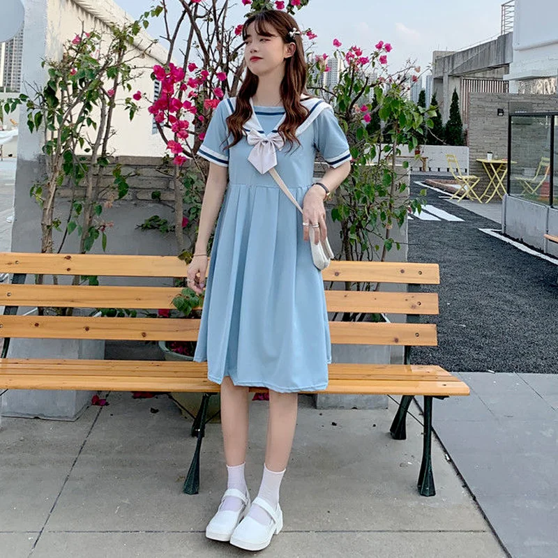 Dresses Women Short Sleeve Bow Sailor Collar Preppy Style Korean All-match  Teens Simple Birthday Party Baggy Vintage Chic New - AliExpress 200000345
