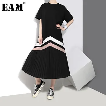 

[EAM] Women Black Striped Pleated Split Long Dress New Round Neck Short Sleeve Loose Fit Fashion Tide Spring Summer 2020 1T434