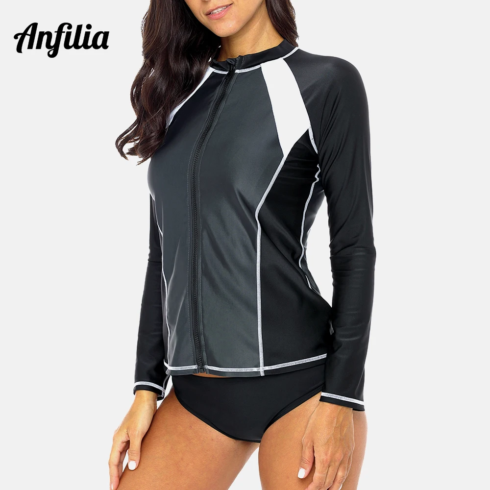 Anfilia Women' Long Sleeve Zipper Rashguard Sports Shirt Swimsuit