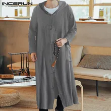 INCERUN, осенние мужские повседневные однотонные длинные тренчи с капюшоном и длинным рукавом, традиционные стильные парные пальто с пряжкой