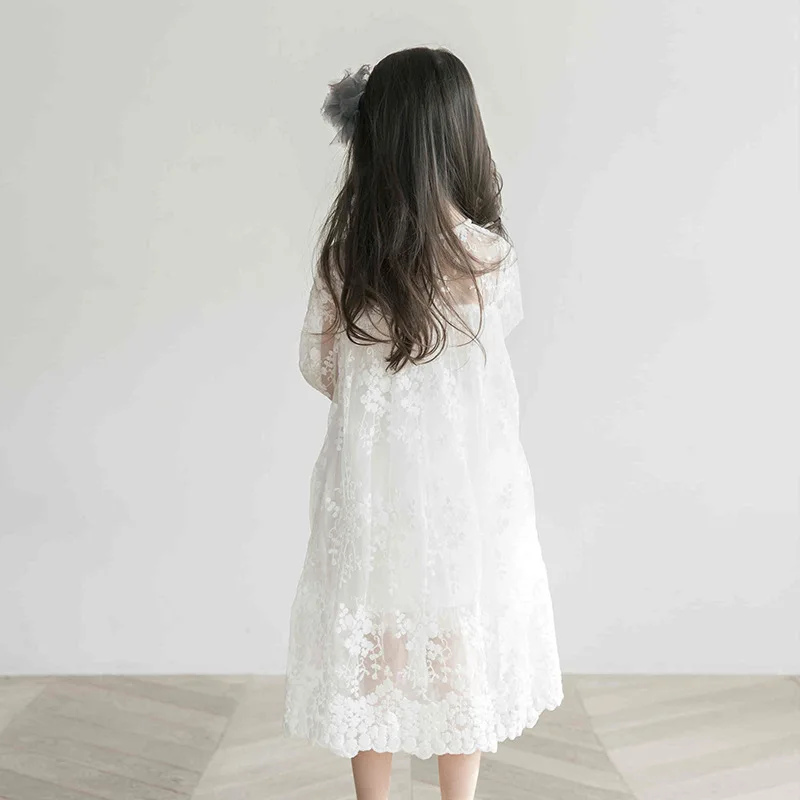 

Korean-style Childrenswear Spring And Autumn Summer-Short Sleeve Girls Lace Long-sleeved Dress Big Boy Skirt White Princess Skir
