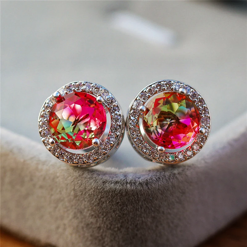 

Charm Female Big Pink Rainbow Stud Earrings Elegant Silver Zircon Stone Earrings Vintage Bride Wedding Earrings For Women