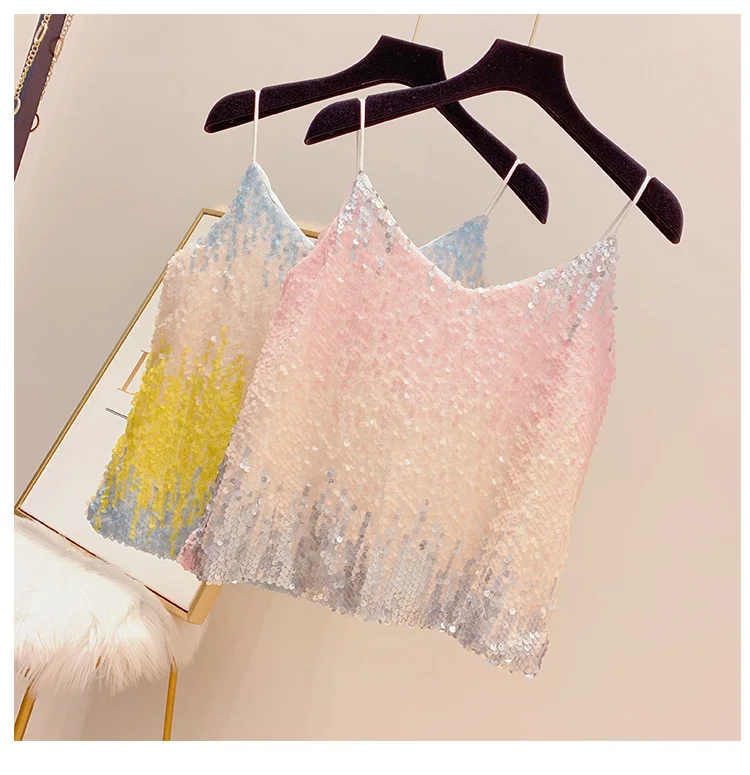 Новые летние милые панельные женские модные тонкие градиентные майки с блестками Элегантные сексуальные клубный Топ Без Рукавов Mw712