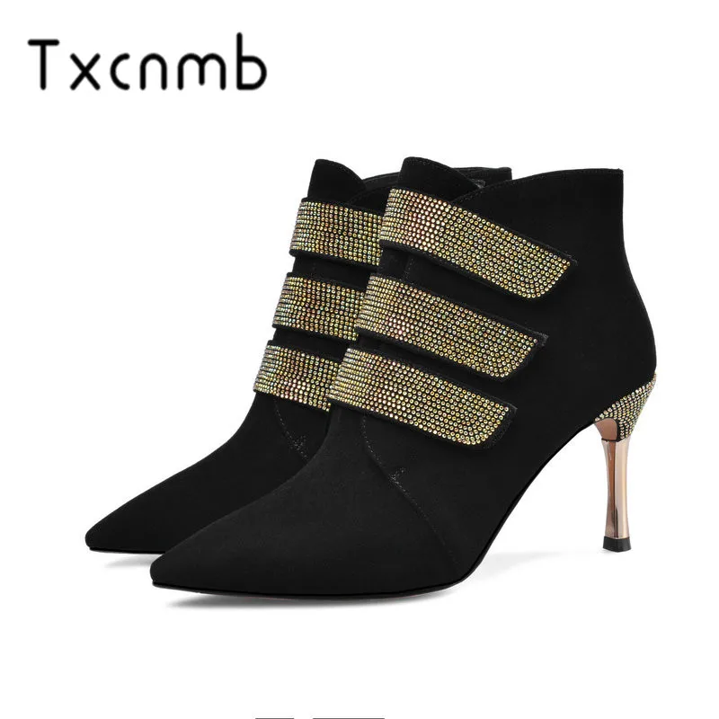 

TXCNMB Pointed Toe Suede Leather All Match Women Shoes Autumn Winter Sexy Thin High Heel Zipper Ankle Boots Big Size 34-40