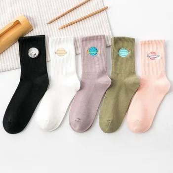 

Embroidered Crew Cotton Women Socks 2019 Autumn Winter New Trend Motion Solid Color Cute Planet Fashion Style Socks Women