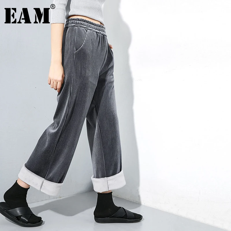 [EAM] High Elastic Waist Black Long Velvet Wide Leg Trousers New Loose Fit Pants Women Fashion Tide Spring Autumn 19A-a25