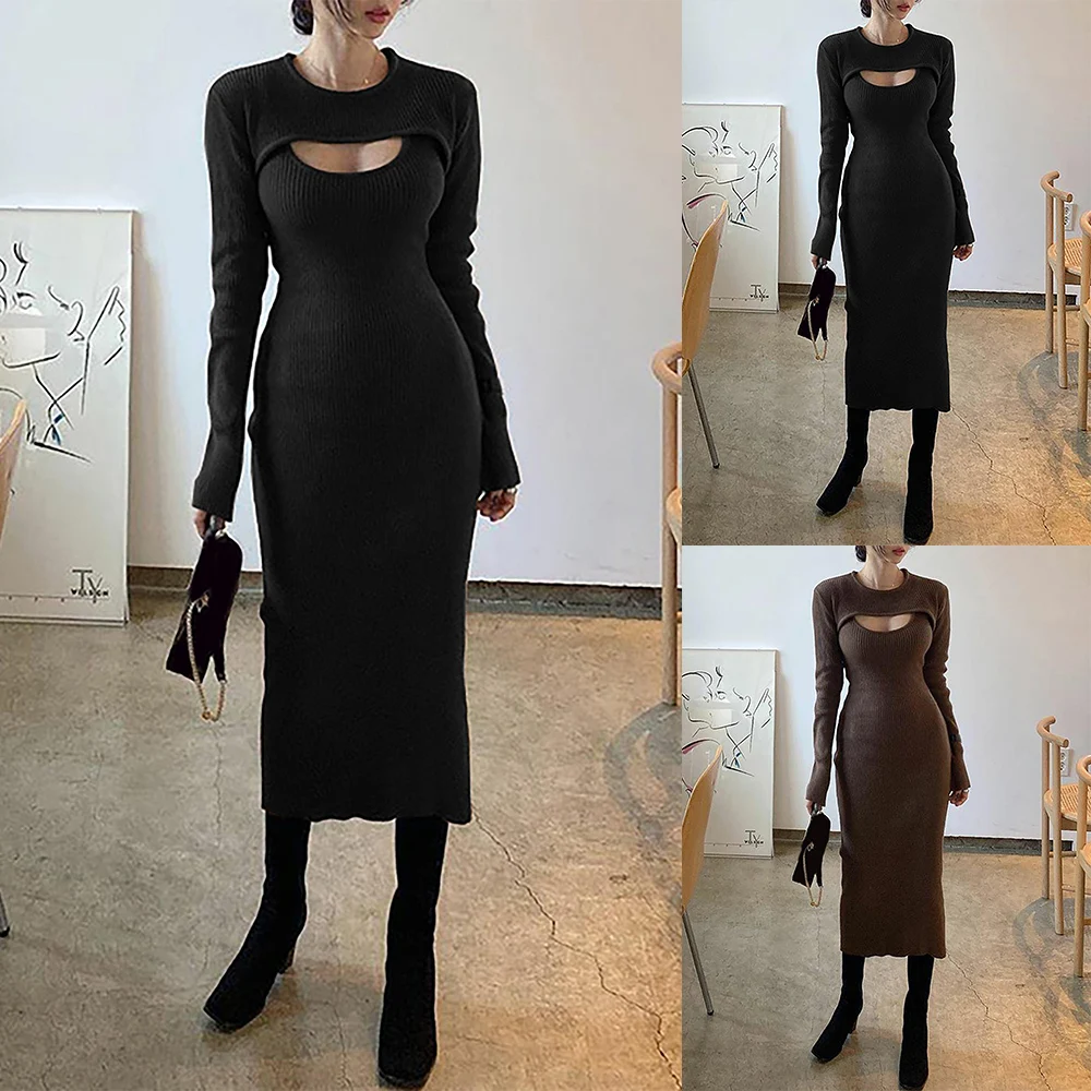 Elegant sexy two-piece knitted long sleeve bodycon ankle-length dress korean basic sheath dress