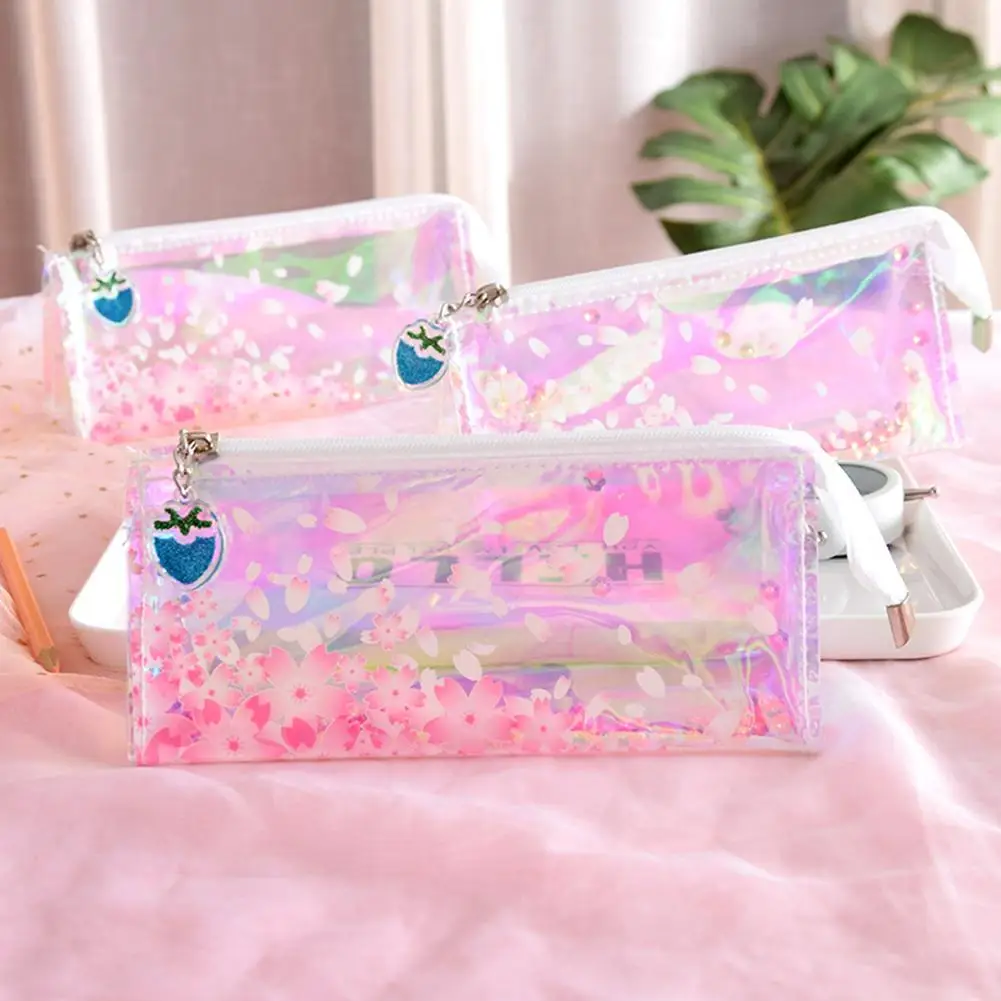 

Kawaii Flower School Pencil Case for Girls Penal Transparent Pencilcase Cute Laser Shell Penalties Zipper Bag Stationery Pouch